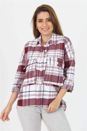 Neşeli butik kadın katlanabilir kol cep detaylı ekose oduncu gömlek NB9020