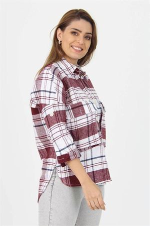 Neşeli butik kadın katlanabilir kol cep detaylı ekose oduncu gömlek NB9020