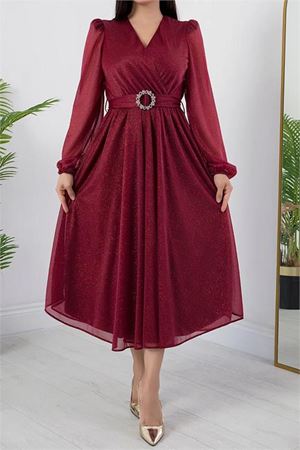 Neşeli butik kadın kemer ve vatka detaylı simli midi elbise RYMY3590