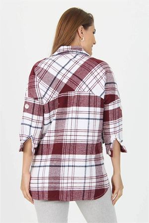 Neşeli butik kadın katlanabilir kol cep detaylı ekose oduncu gömlek NB9020