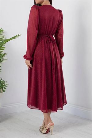 Neşeli butik kadın kemer ve vatka detaylı simli midi elbise RYMY3590