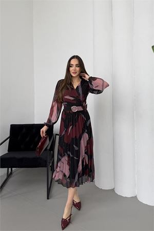 Neşeli butik kadın bordo beli kemerli piliseli şifon astarlı midi boy elbise NBELB04