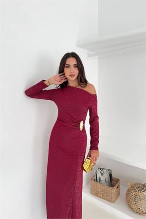 Neşeli butik kadın tek omuz uzun kollu tokalı maxi elbise NBK4361