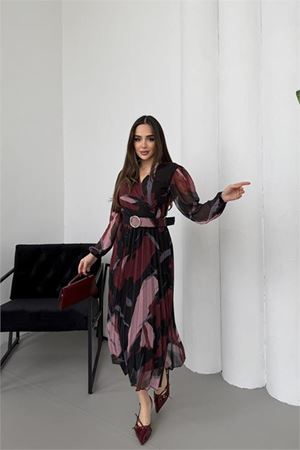 Neşeli butik kadın bordo beli kemerli piliseli şifon astarlı midi boy elbise NBELB04