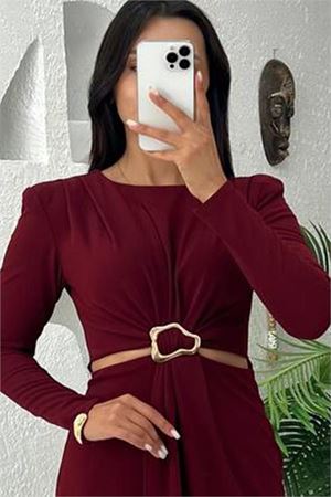 Neşeli butik kadın bel dekolteli toka detaylı uzun kollu elbise NBMY3655
