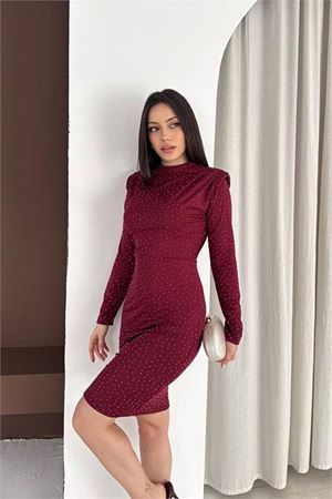 Neşeli butik kadın bordo dik yaka vatkalı taş detaylı mini elbise NBK5001