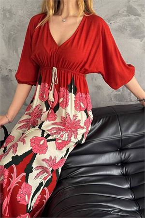 Neşeli butik kadın V-yaka desenli dokuma viskon elbise NBK2092