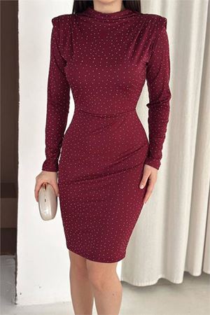 Neşeli butik kadın bordo dik yaka vatkalı taş detaylı mini elbise NBK5001