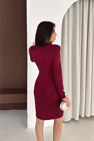 Neşeli butik kadın bordo dik yaka vatkalı taş detaylı mini elbise NBK5001
