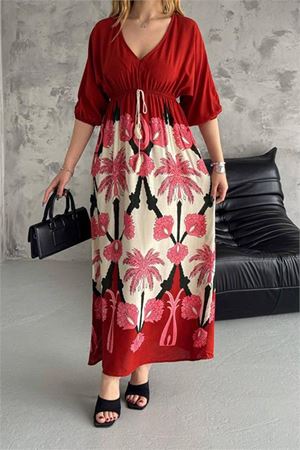 Neşeli butik kadın V-yaka desenli dokuma viskon elbise NBK2092