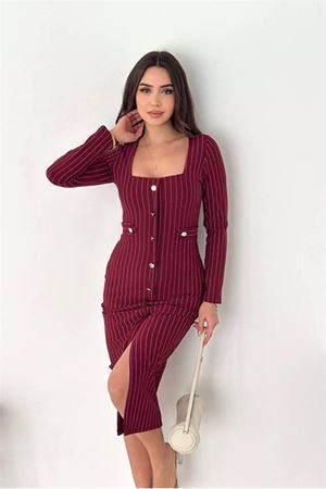 Neşeli butik kadın çizgili desen kare yaka midi boy düğme detaylı elbise NBK069