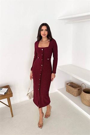 Neşeli butik kadın çizgili desen kare yaka midi boy düğme detaylı elbise NBK069