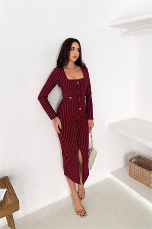 Neşeli butik kadın çizgili desen kare yaka midi boy düğme detaylı elbise NBK069