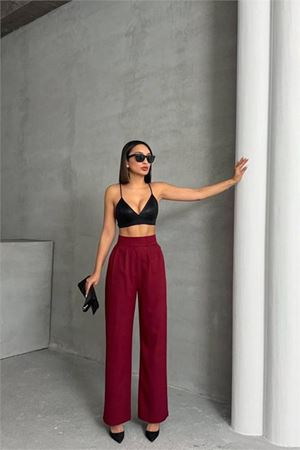 Neşeli butik kadın bordo beli cırtlı palazzo kumaş pantolon NBG063