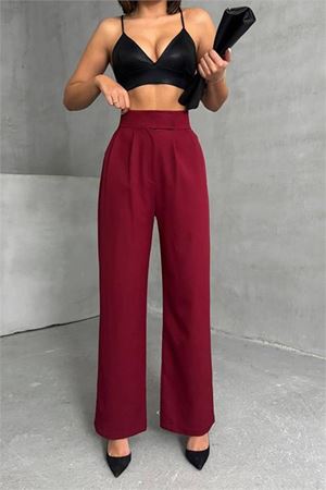 Neşeli butik kadın bordo beli cırtlı palazzo kumaş pantolon NBG063