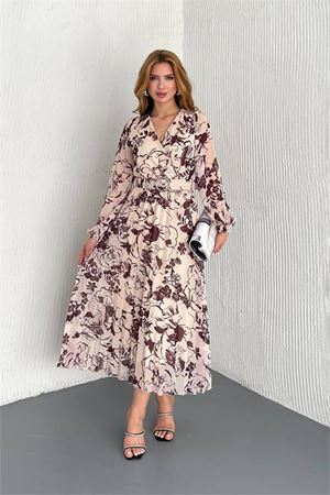 Neşeli butik kadın kemerli midi boy desenli şlifon elbise NBK2030