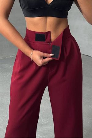 Neşeli butik kadın bordo beli cırtlı palazzo kumaş pantolon NBG063
