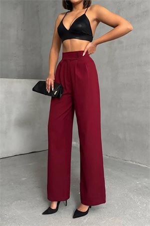 Neşeli butik kadın bordo beli cırtlı palazzo kumaş pantolon NBG063