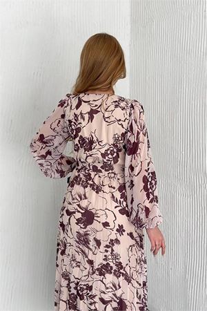 Neşeli butik kadın kemerli midi boy desenli şlifon elbise NBK2030