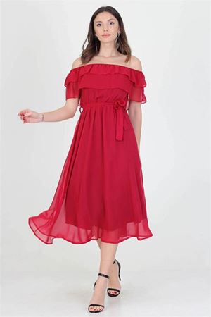 Neşeli butik kadın yeni sezon madonna yaka bağlama detaylı şifon elbise RY8060