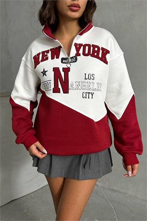 Neşeli butik kadın bordo fermuarlı New york sweat NBG050
