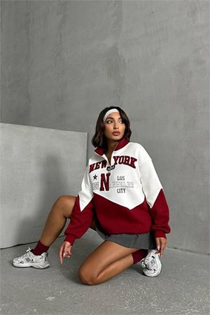 Neşeli butik kadın bordo fermuarlı New york sweat NBG050