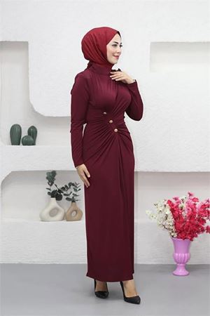 Neşeli butik kadın likralı düğme detaylı tesettür elbise NMS046