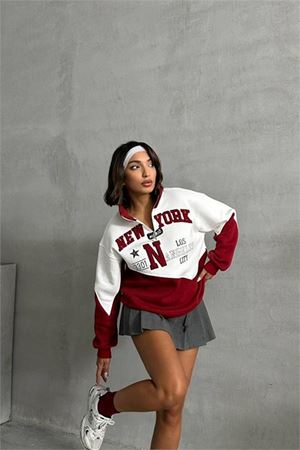 Neşeli butik kadın bordo fermuarlı New york sweat NBG050
