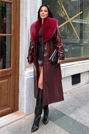 Neşeli butik kadın croco deri yaka çıkarılabilir kürk detaylı kemerli tam boy kaban NBSTR1040