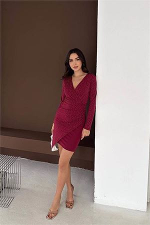 Neşeli butik kadın bordo taş detaylı uzun kol drapeli V yaka mini boy elbise NBK071