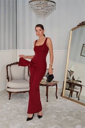 Neşeli butik kadın bordo bağlamalı maxi boy likralı elbise NBDF075