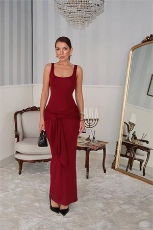 Neşeli butik kadın bordo bağlamalı maxi boy likralı elbise NBDF075
