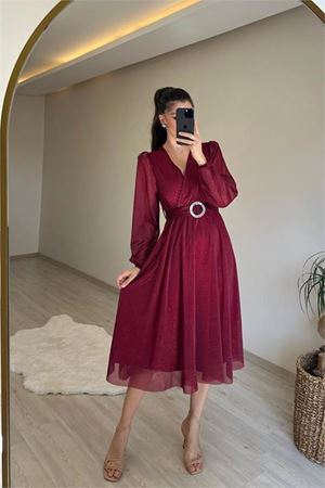 Neşeli butik kadın kruvaze yaka tokalı midi boy ışıltılı elbise NM009