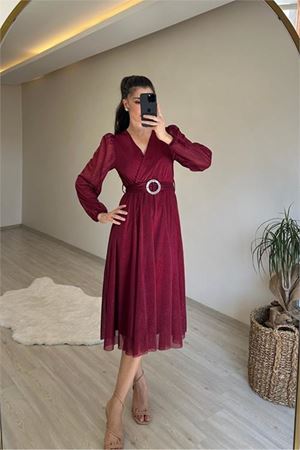 Neşeli butik kadın kruvaze yaka tokalı midi boy ışıltılı elbise NM009