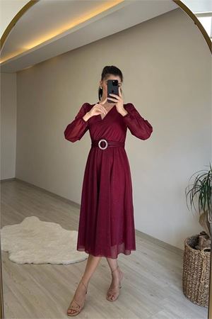 Neşeli butik kadın kruvaze yaka tokalı midi boy ışıltılı elbise NM009