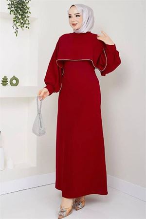 Neşeli butik kadın likralı taş detaylı tesettür elbise NMS011