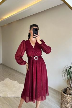 Neşeli butik kadın kruvaze yaka tokalı midi boy ışıltılı elbise NM009
