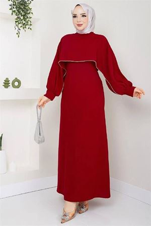 Neşeli butik kadın likralı taş detaylı tesettür elbise NMS011