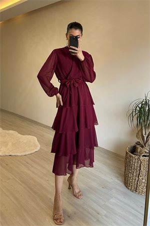 Neşeli butik kadın kat kat volanlı kuşaklı midi şifon elbise NM004