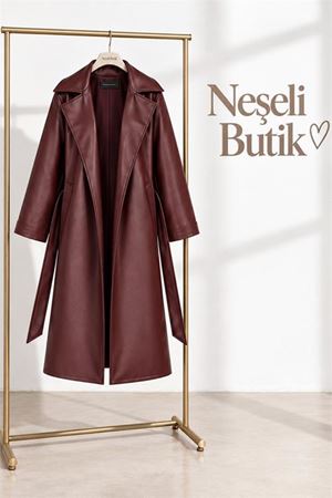 Neşeli butik kadın bordo kol detaylı tam boy suni deri kuşaklı premium trençkot NBELV01