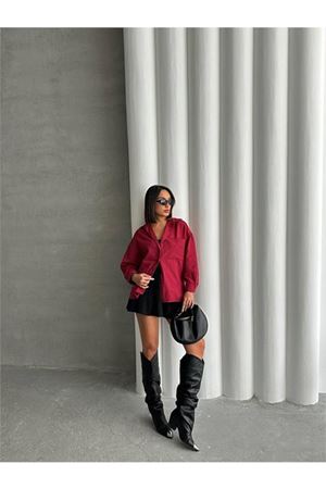 Neşeli butik kadın oversize cep detaylı poplin gömlek NBG072