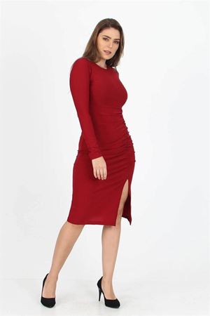 Neşeli butik kadın yırtmaç detaylı midi boy örme krep elbise SHNZ11