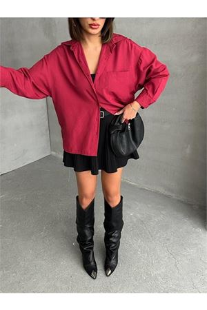 Neşeli butik kadın oversize cep detaylı poplin gömlek NBG072