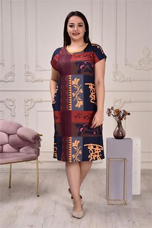 Neşeli butik kadın büyük beden desenli viskon elbise AYSL91