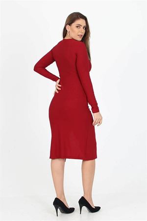 Neşeli butik kadın yırtmaç detaylı midi boy örme krep elbise SHNZ11