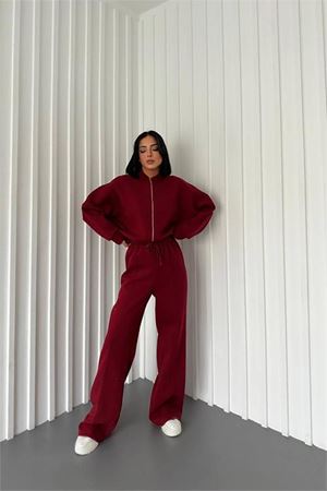 Neşeli butik kadın kışlık alt üst eşofman takımı NB0022 - Bordo