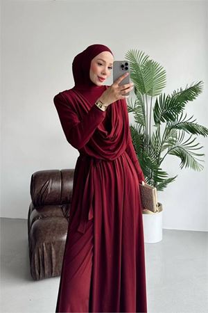 Neşeli butik kadın bordo degaje yaka kuşaklı sandy kumaş tesettür tulum NMS089