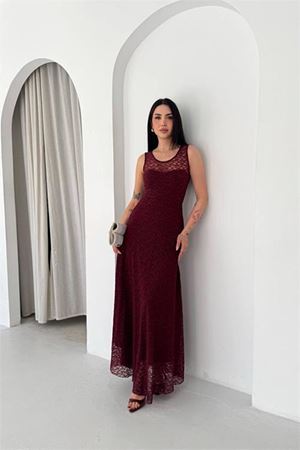 Neşeli butik kadın bordo transparan detaylı tam boy astarlı dantel elbise --- NBK4619