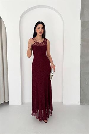 Neşeli butik kadın bordo transparan detaylı tam boy astarlı dantel elbise --- NBK4619