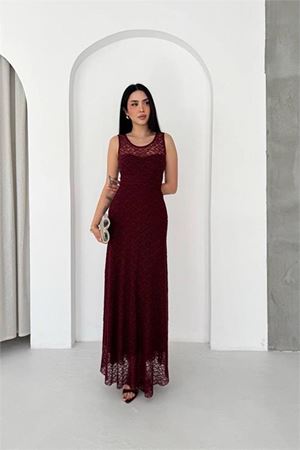 Neşeli butik kadın bordo transparan detaylı tam boy astarlı dantel elbise --- NBK4619